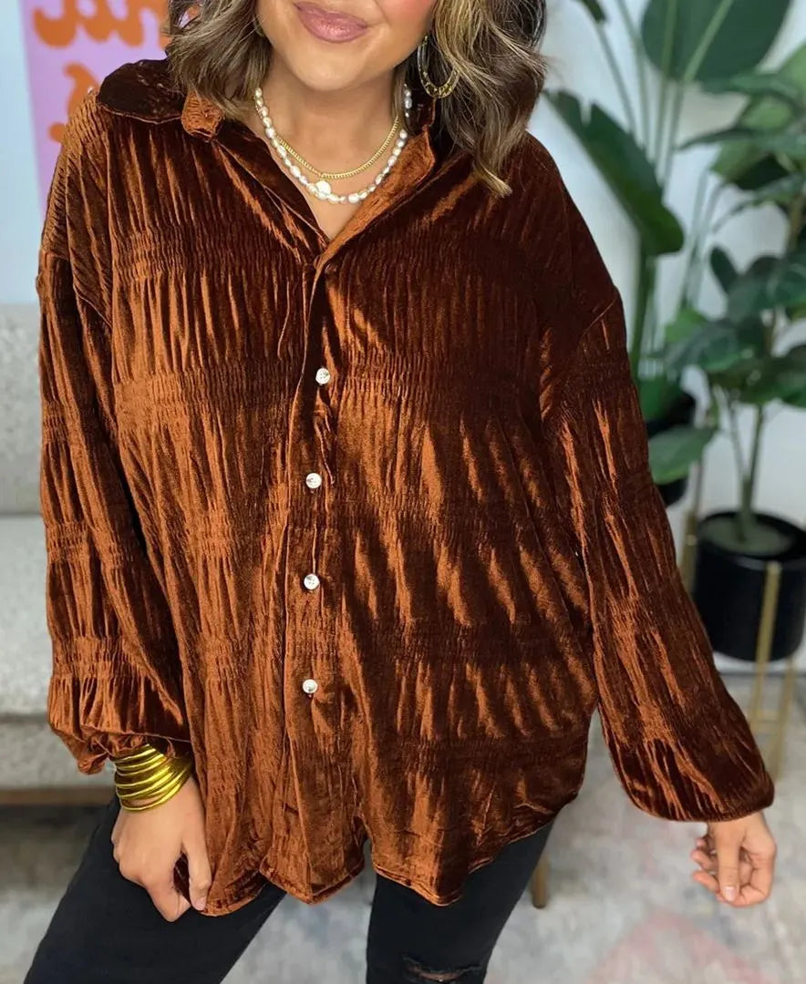 NEW WOMEN'S SHIRRED VELVET BUTTON DOWN TOP (BUY 2 FREE SHIPPING)