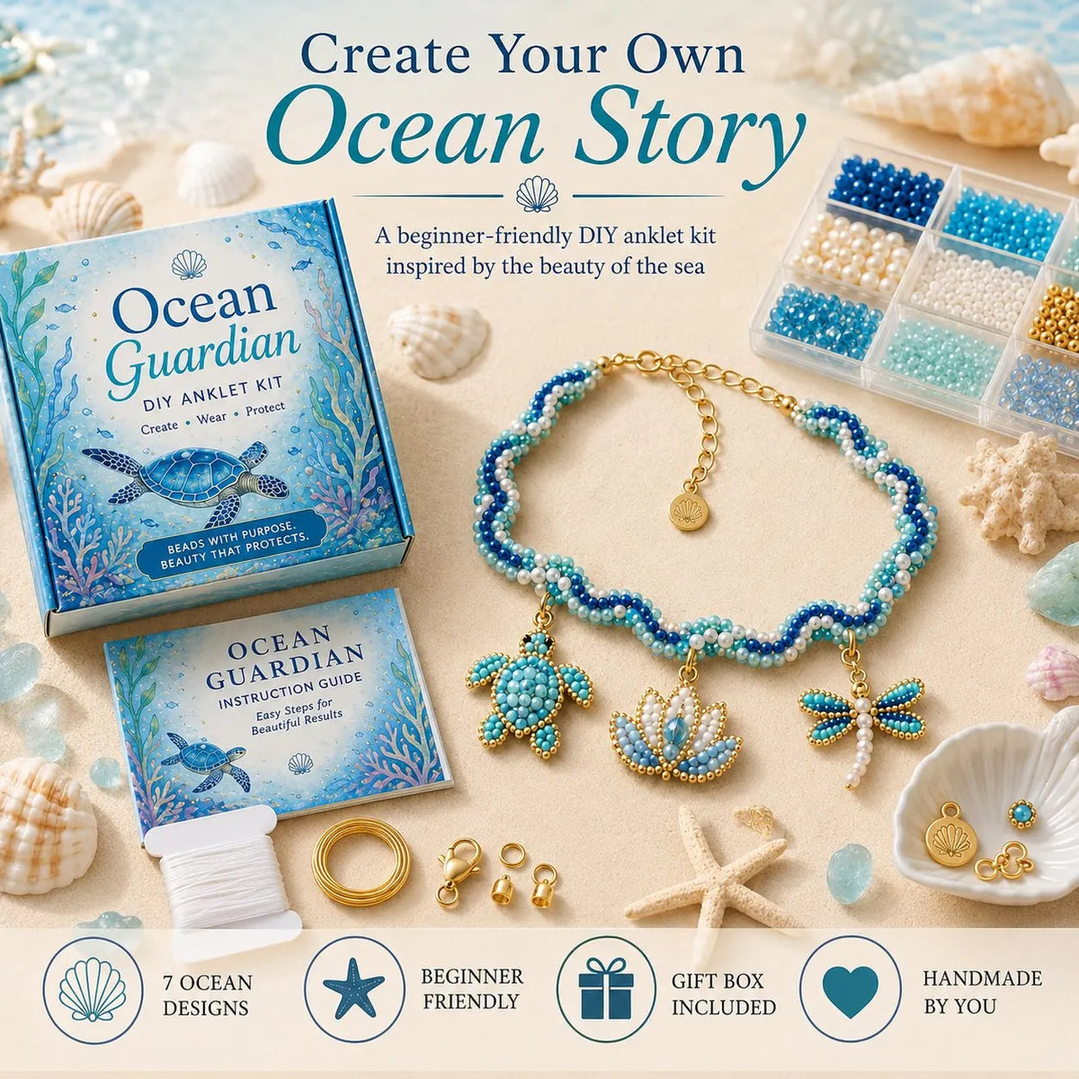 🔥 LAST DAY 49% OFF – 🌊✨ Ocean Guardian DIY Beaded Anklet Kit | Luxury Ocean Theme Anklet with Color-Matched Beads & Sea Charms DIY Coastal Jewelry 🐚✨