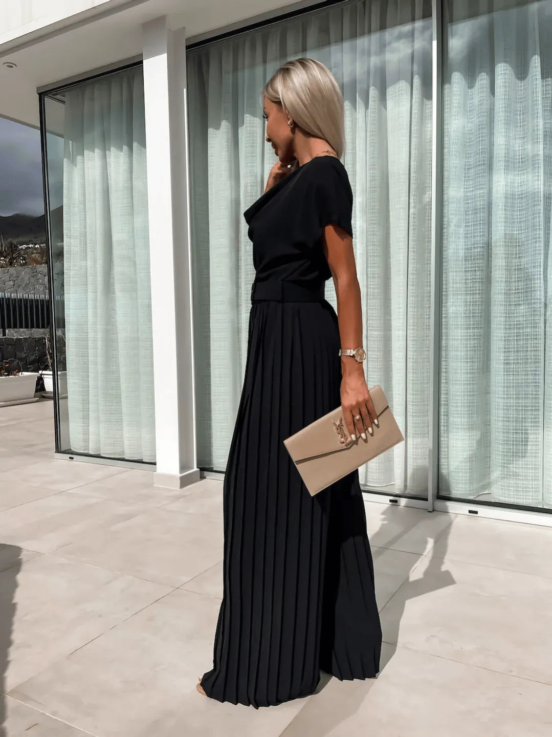 Casual Waistband Solid Color Pleated Wide Leg Jumpsuit