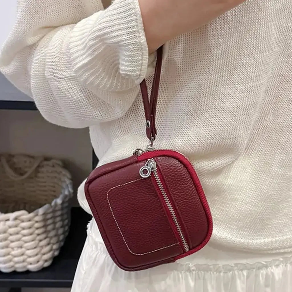 🌟 Genuine Leather Mini Square Card Wallet - Compact Zipper Coin Purse & Keychain Pouch for Men & Women