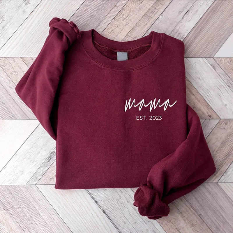 Custom Mama Est Year Sweatshirt, Custom Mother's Day Sweatshirt, with Children's Names on the Sleeve