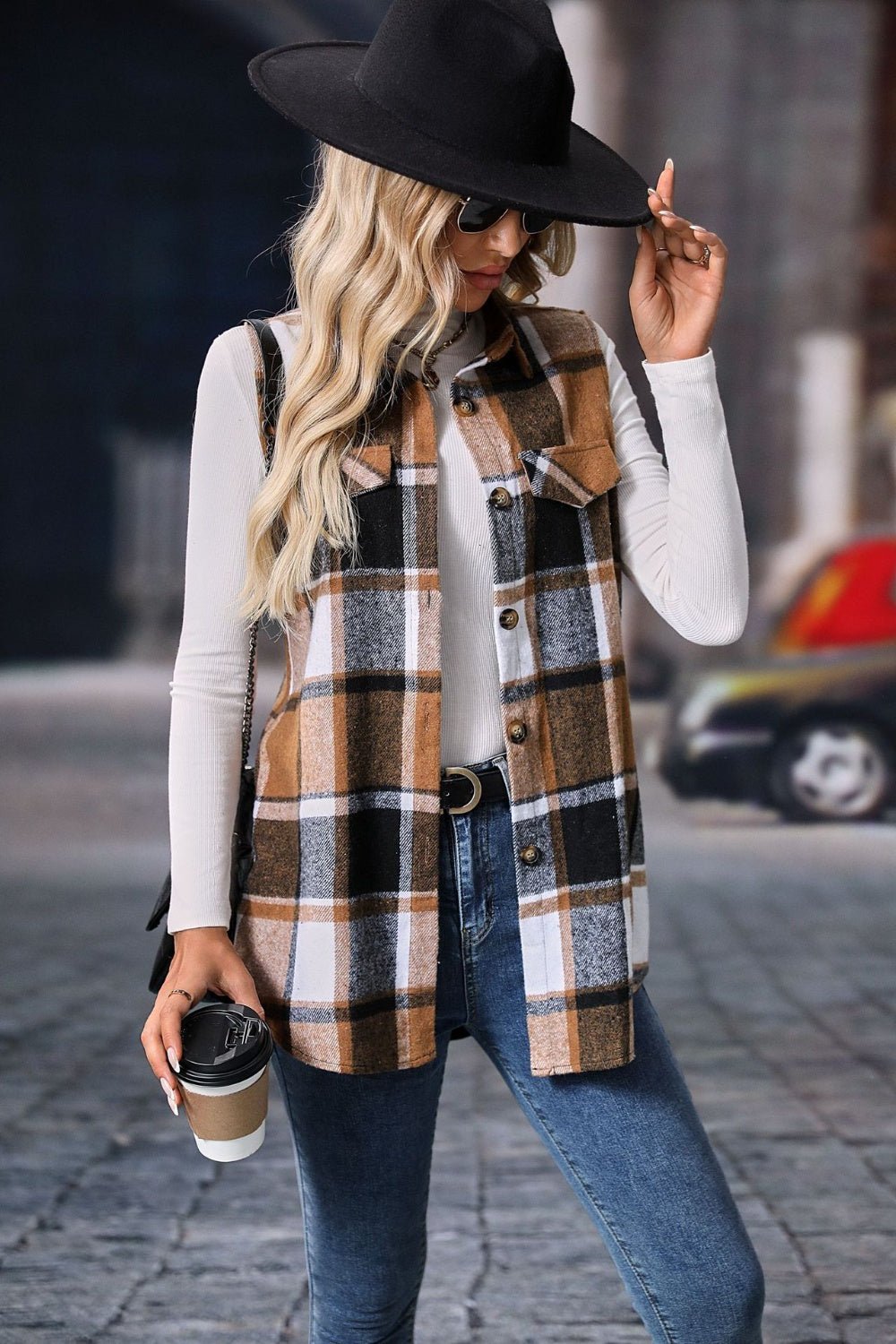 Women's Plaid Print Button Front Vest Coat