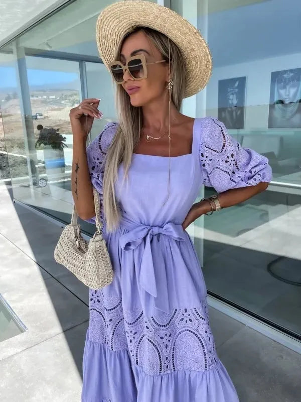 🌷Women’s Trendy Patchwork Tie Waist Square Neck Long Dress