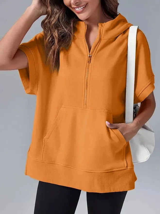 Oversized Casual Half Zip Short Sleeve Pullover Tops with Pockets (Buy 2 Free Shipping)