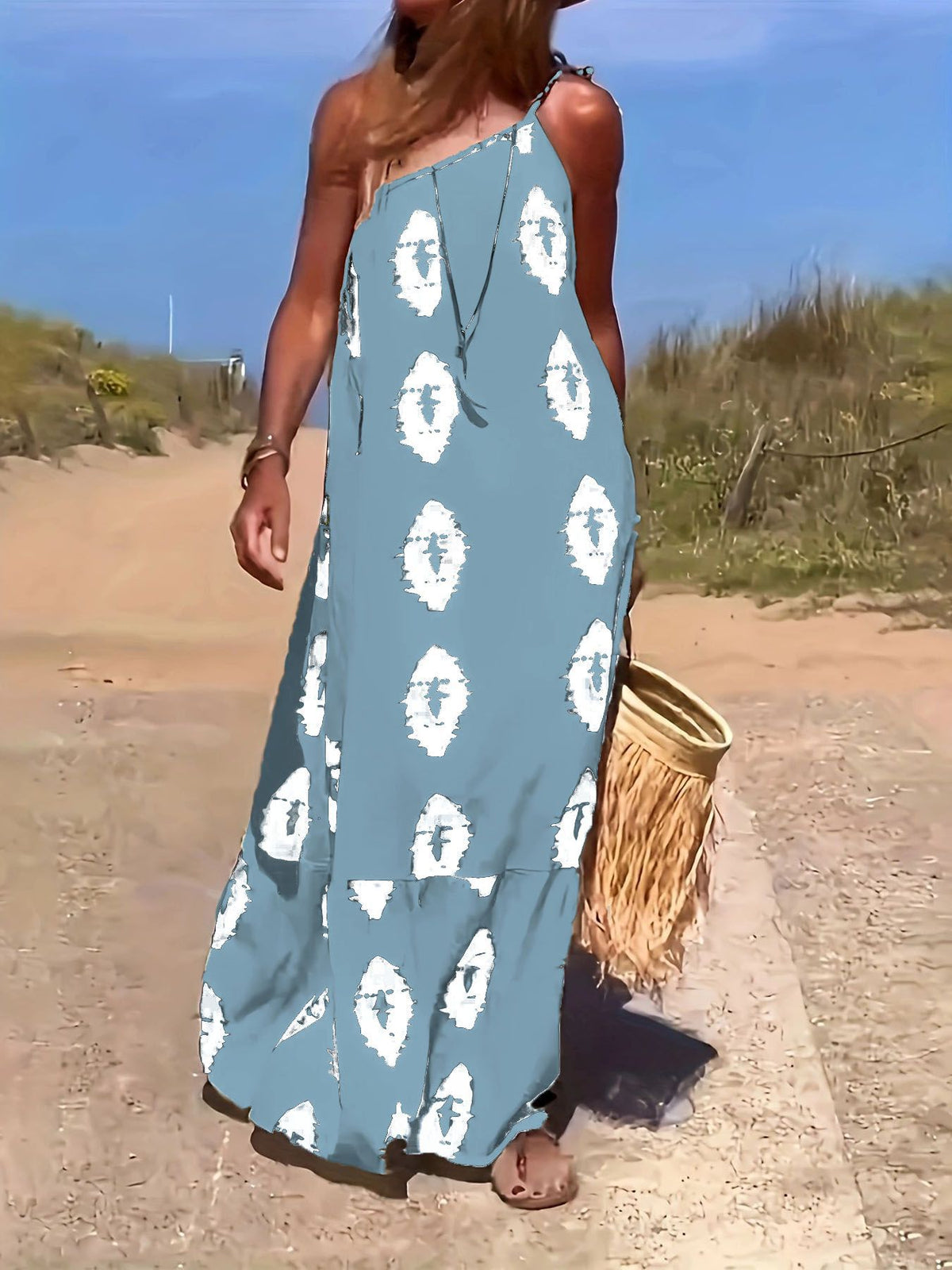 Plenty of Sunshine Ethnic Print One Shoulder Loose Maxi Dress
