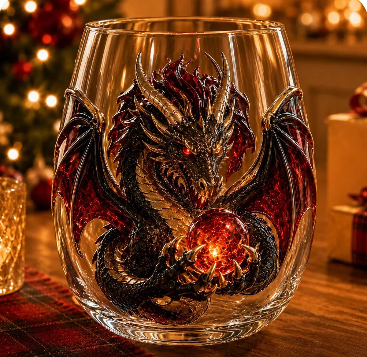 🐉✨ 3D Mythic Dragon Glass Art Cup | 12oz Premium Clear Glass with Raised Dragon Relief, Metallic-Style Details & Faceted Crystal-Style Orb 🎁