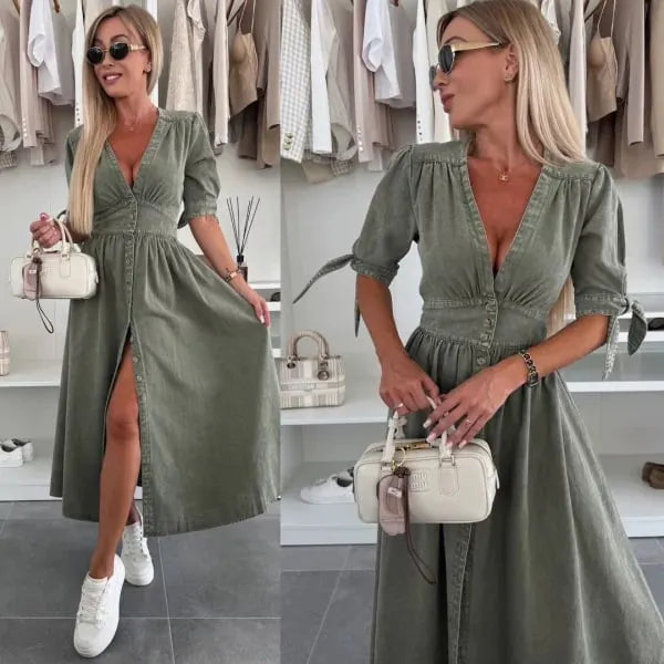 V-Neck Short Sleeve Loose Denim Long Button-Up Dress