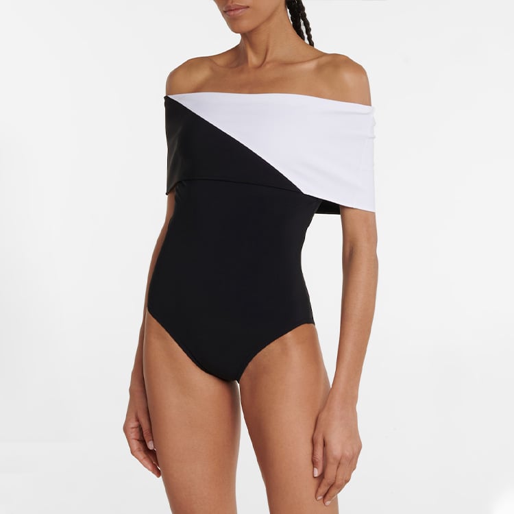 Black and White Color-Block Minimalist One-Piece Swimsuit with Wrap Skirt Set