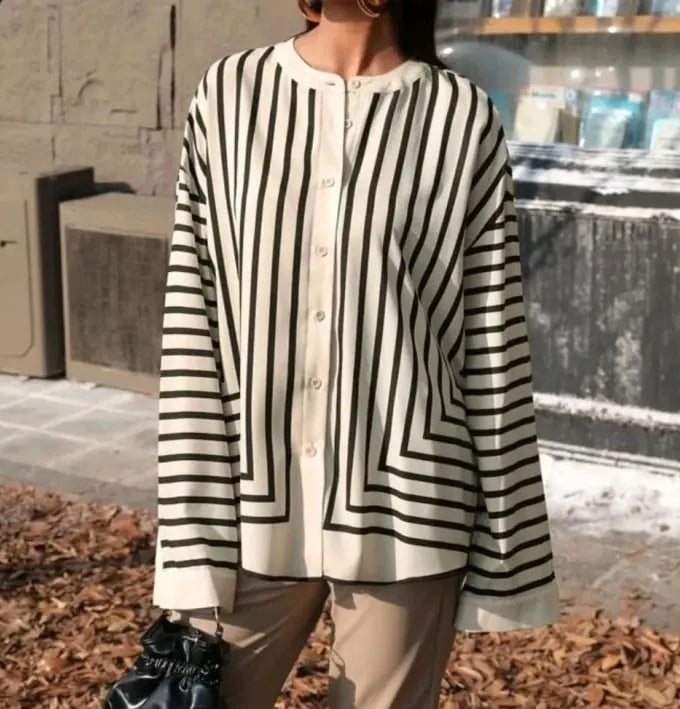 Elegant Pinstripe Shirt Single Breasted Round Neck Long Sleeve Top
