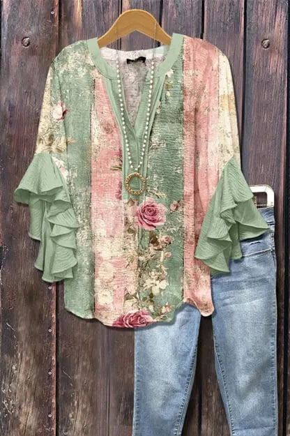 Floral Print Ruffle Bell Sleeve Top