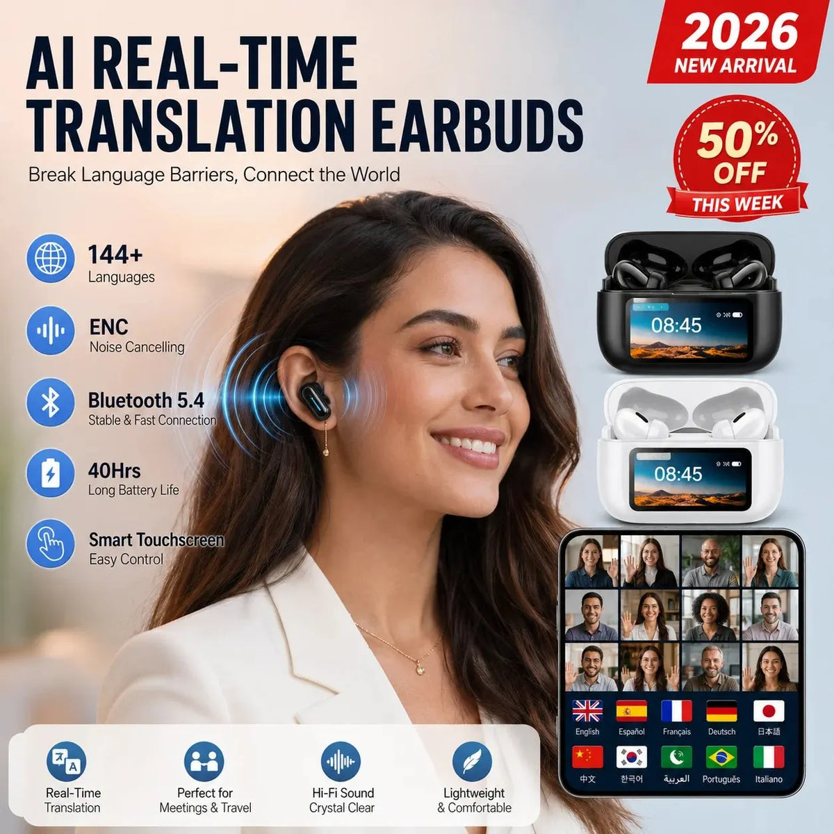 🔥HOT SALE🔥🎁2026 New Bluetooth Wireless Noise-Canceling Translation Earbuds