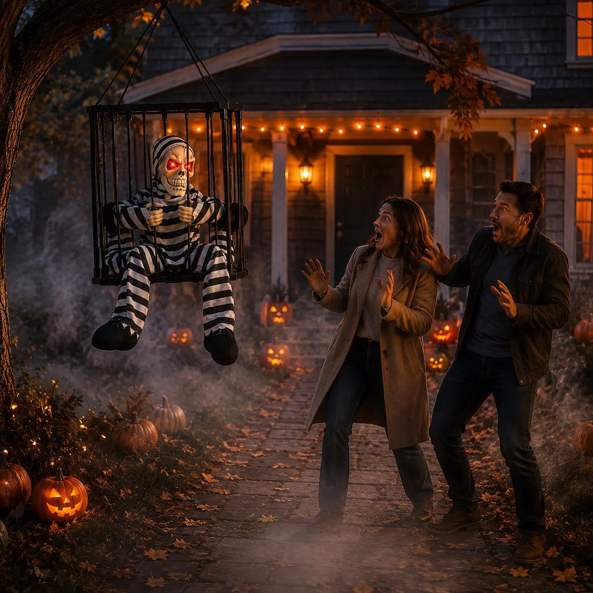 🎉 💀 Motion Activated Prisoner Skeleton Halloween Prop – Screaming Jump Scare Decoration With Flashing Red Eyes