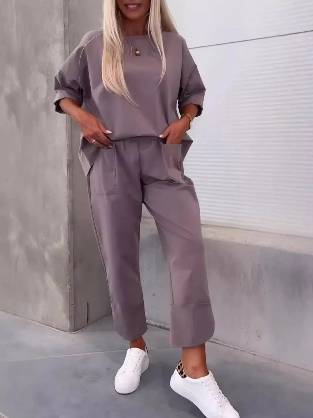 Solid Color Casual Top & Pants with Pockets Set
