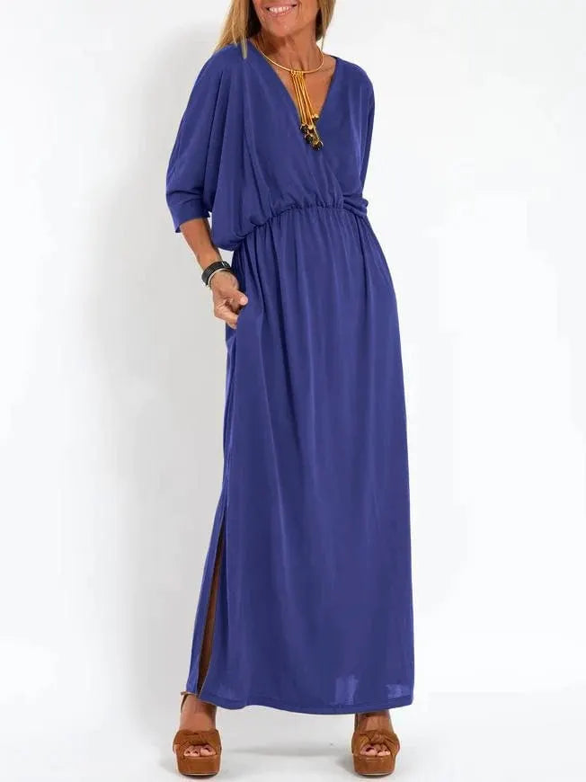 Elegant Solid Color High Waist V-Neck Maxi Dress