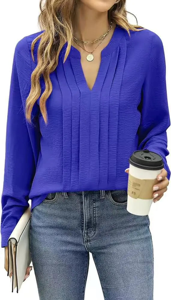 Women's V-Neck Pleated Long Sleeve Top