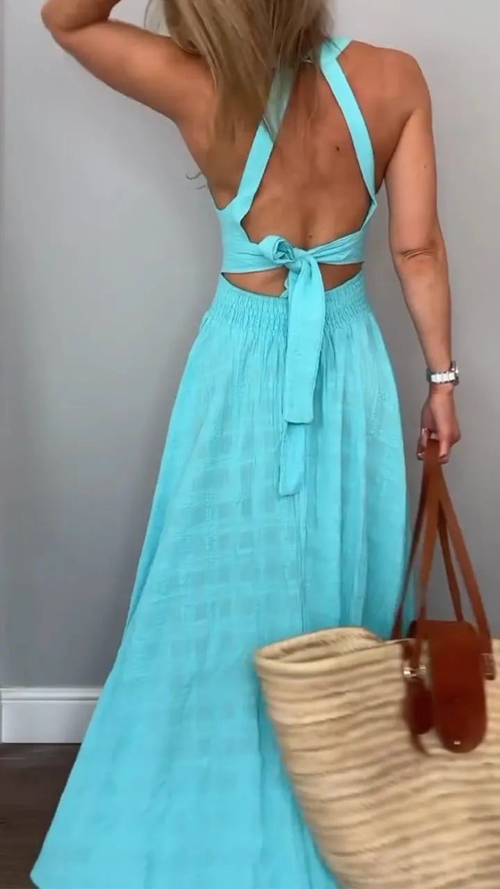 Women's Round Neck Sleeveless Hollow Back Tie Holiday Dress