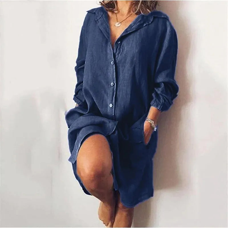 Cotton-linen mid-length long-sleeve solid color cardigan