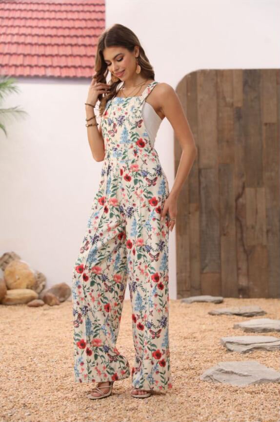Floral Print Button Wide Leg Jumpsuit