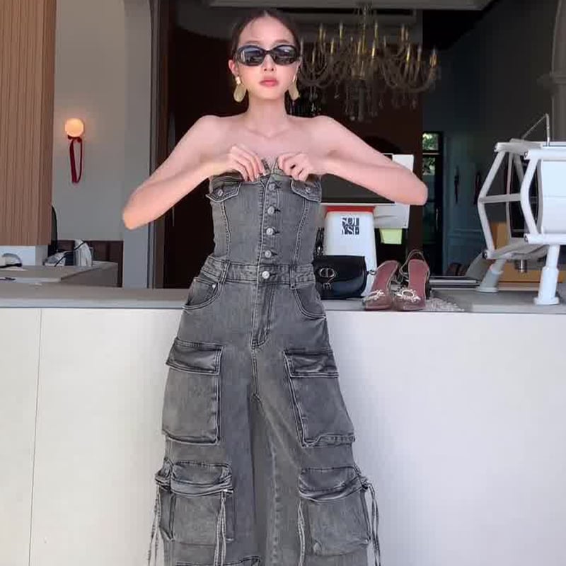 Women's Slightly Elastic Tube Top Multi-pocket Workwear Denim Jumpsuit