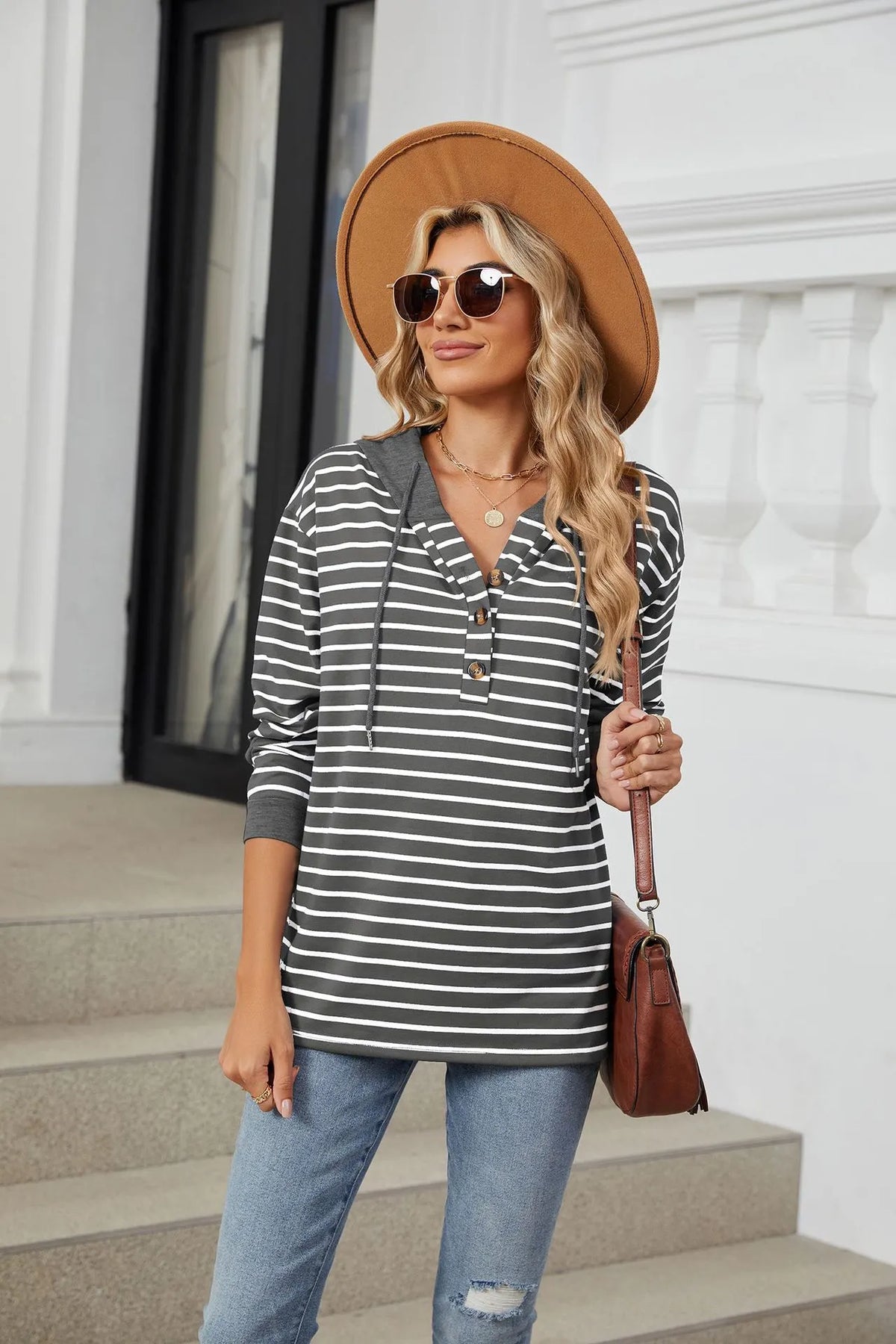 Women's Casual Pullover Button Up Drawstring Hoodie