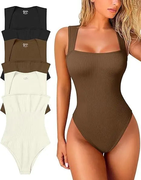 🩱🔥Sexy Ribbed Strap Square Neck Sleeveless Bodysuit 🩱🌟