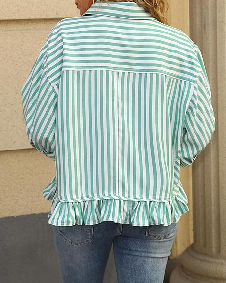 Summer Top🌞 Ruffled Hem 3/4 Sleeve Button-Down Striped Shirt