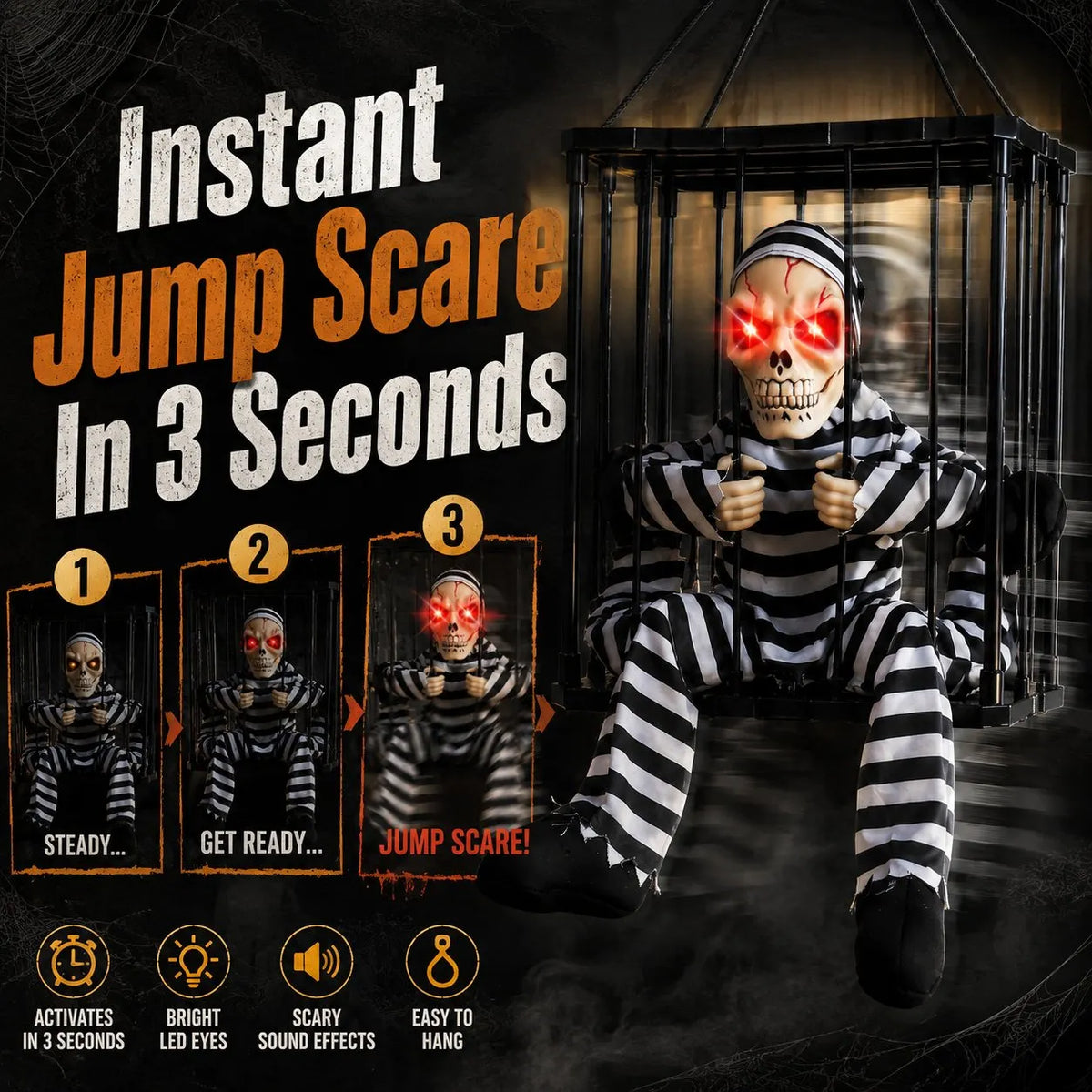 🎉 💀 Motion Activated Prisoner Skeleton Halloween Prop – Screaming Jump Scare Decoration With Flashing Red Eyes