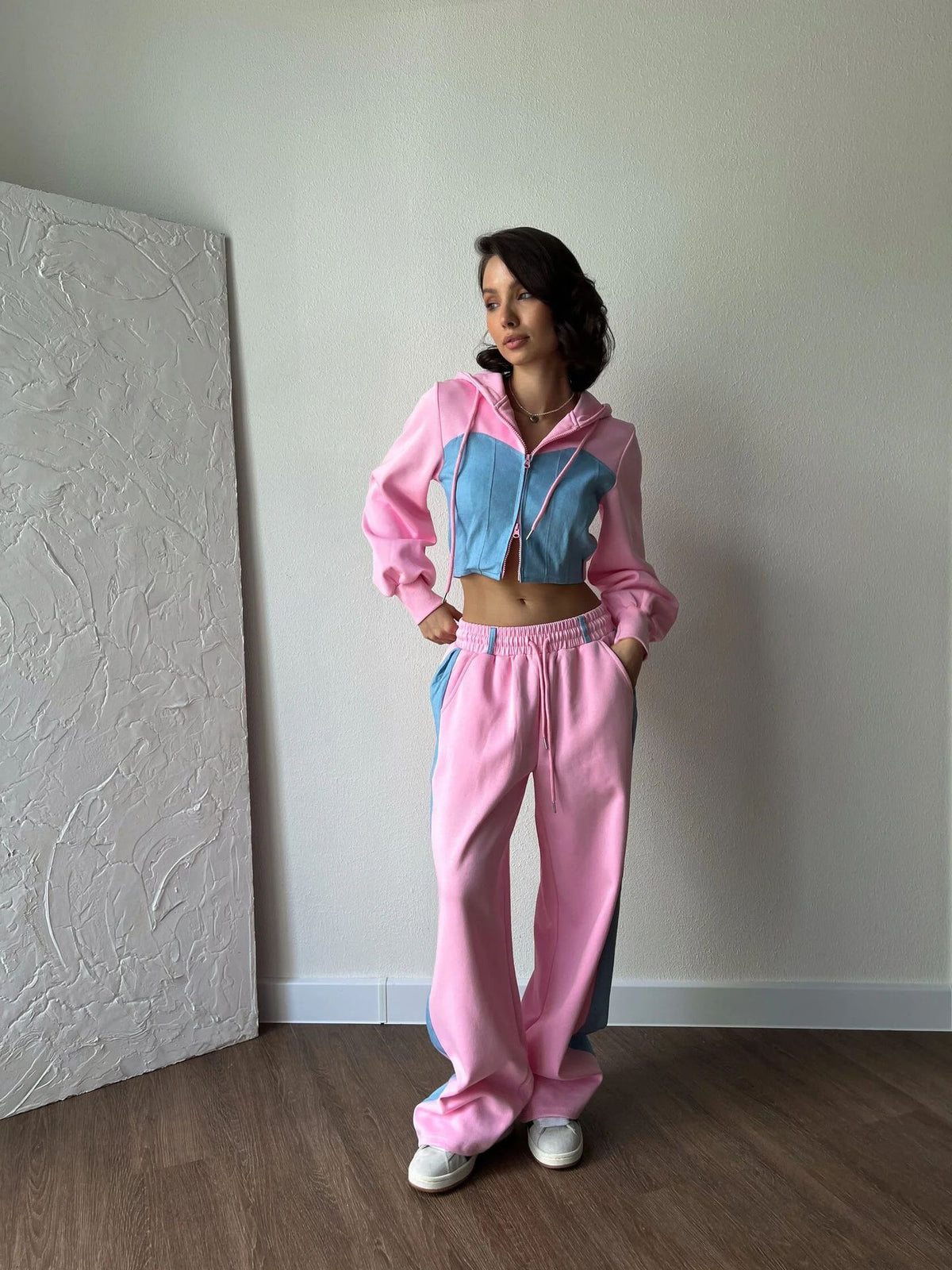 Women's Hooded Denim Patchwork Sweatshirt Two-piece Set