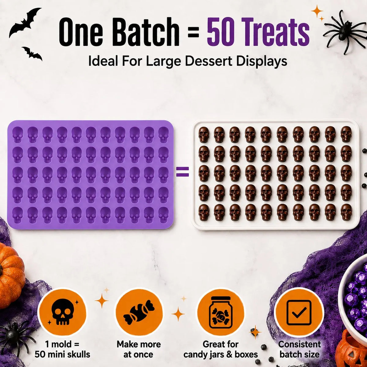 🎉⏳ 49% OFF – 💀 Reusable 50-Cavity Mini Skull Silicone Candy Mold | Flexible Easy-Release Design for Chocolate, Candy Melts, Filled Treats & Halloween Desserts 🎃✨