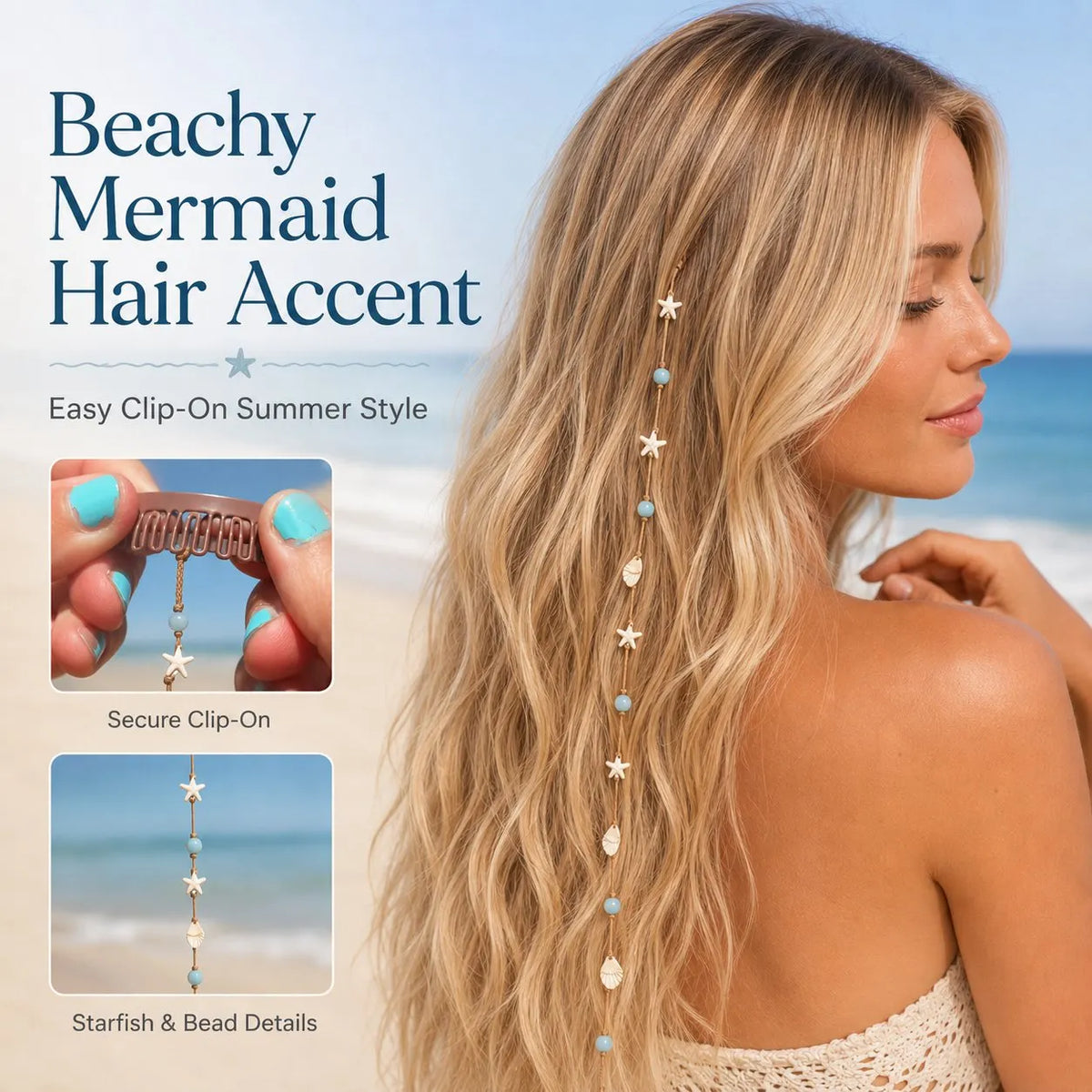 🔥HOT SALE🔥🌊⭐Beachy Mermaid Hair Accent Clip (Featuring blue bead accents, starfish, and shell charms)