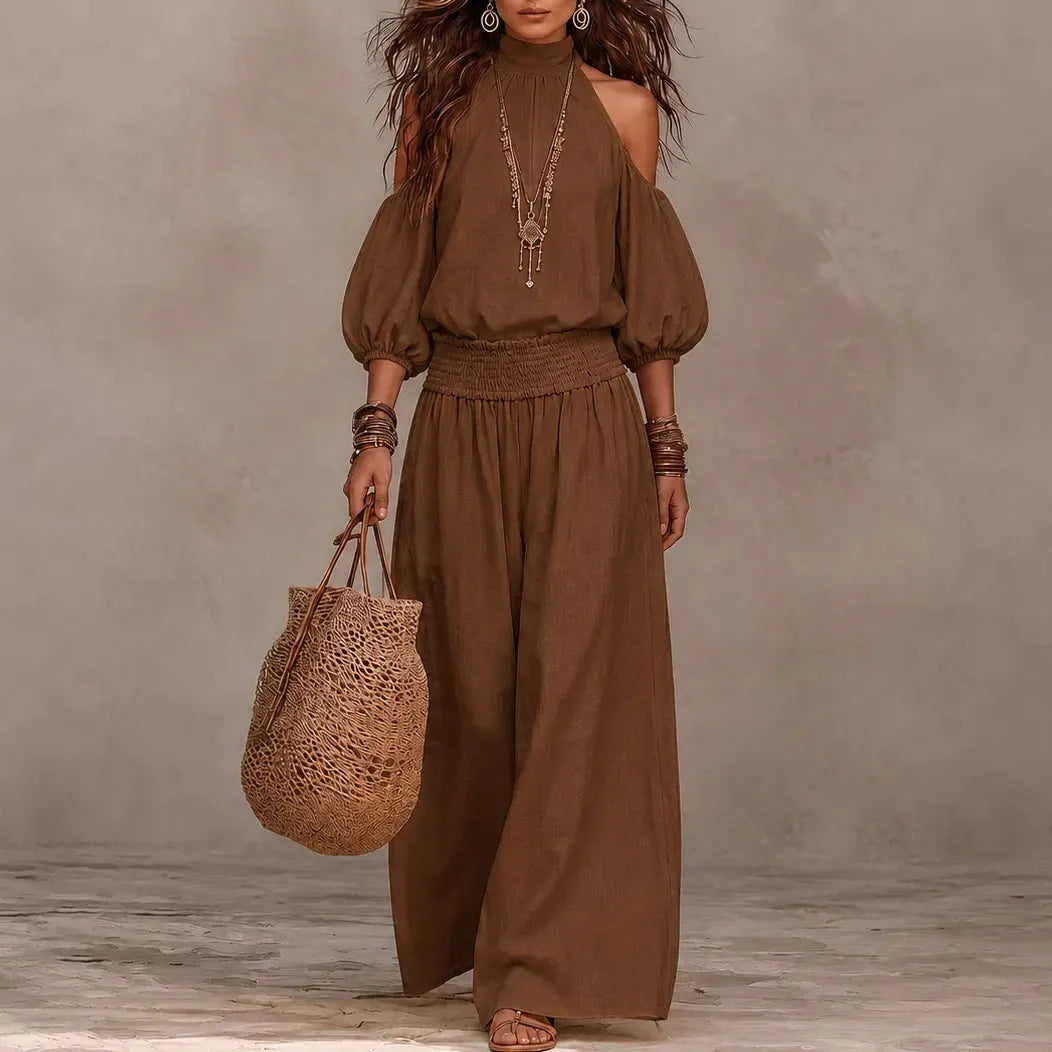 Cold Shoulder Wide Leg Pants Set