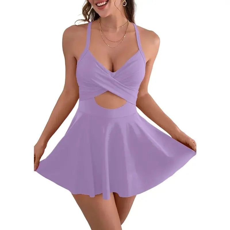 ⚡Hot Sales 57% OFF🔥👙Women’s V Neck One Piece Swimdress – Tummy Control Cutout High Waist Bathing Suit