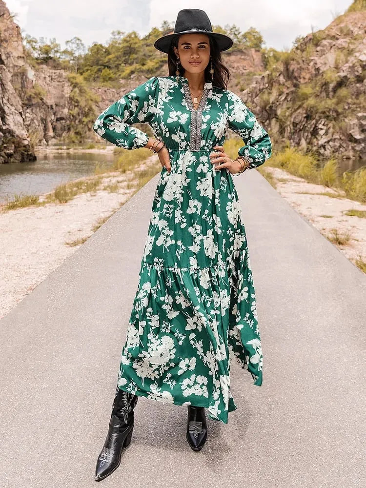 Floral Embroidered Notched Neck Maxi Dress