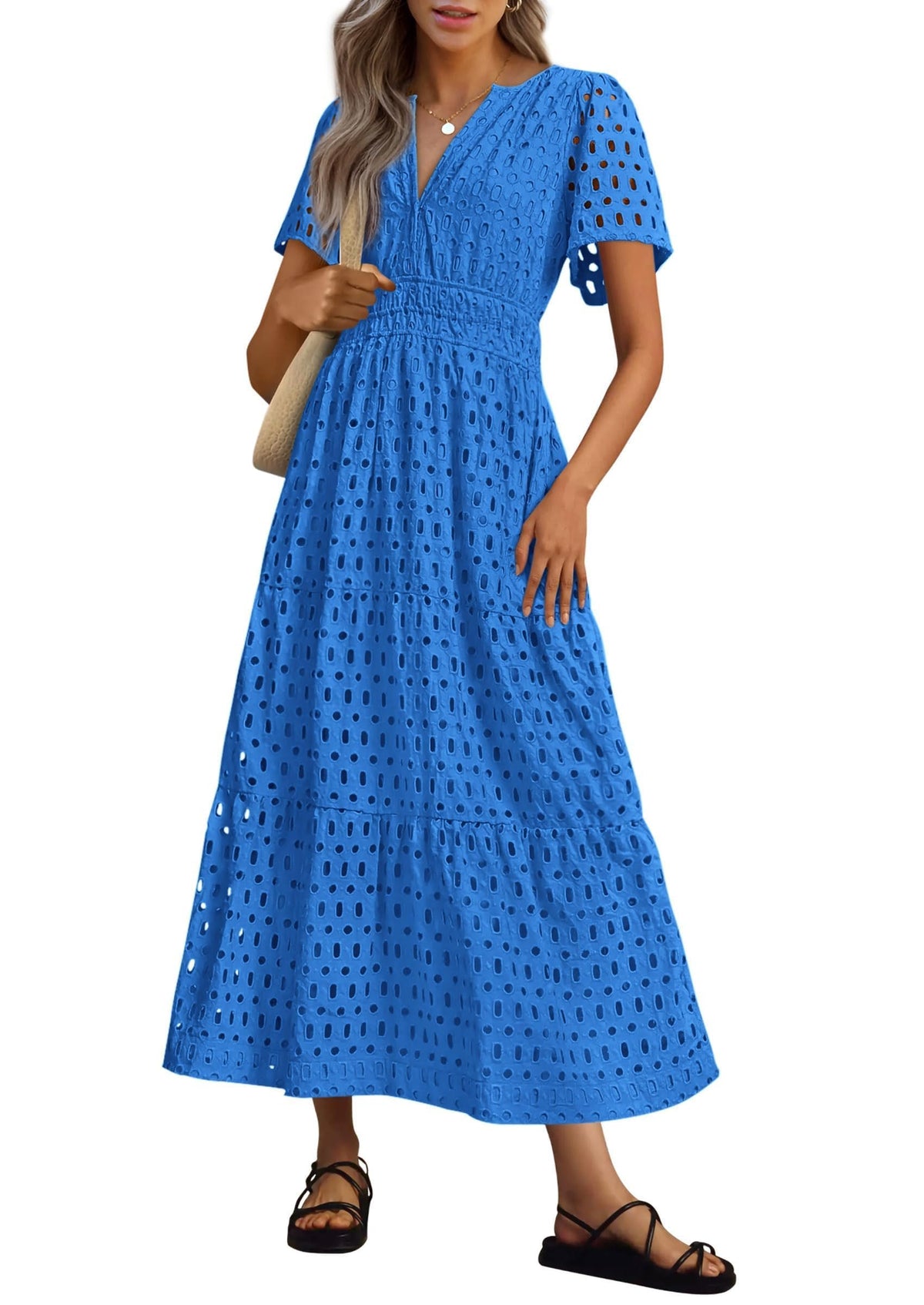 Womens Summer V Neck Maxi Dress Short Sleeve Hollow Out Flowy Beach Dress