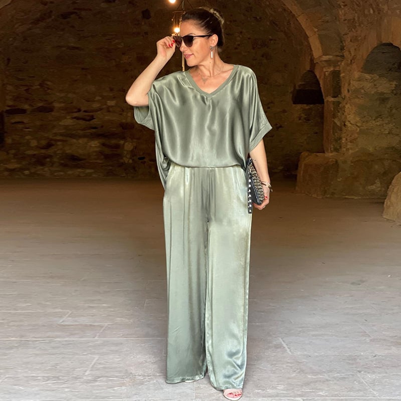 V-neck Satin Two-piece Suit-buy 2 free shipping
