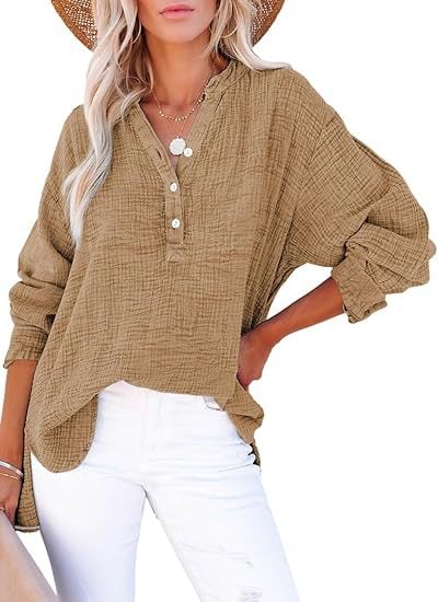 💖Limited Sale 49% OFF💖Women’s Casual Gauze Button Neck Long Sleeve Blouse