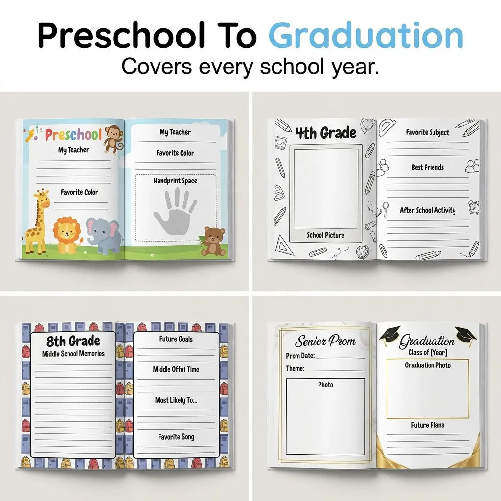 🔥HOT SALE🔥🏫School Memory Book & Keepsake Scrapbook (Preschool to 12th Grade) - 10"x12.24" Photo Album Portfolio with 14 Storage Pockets for Artworks, Report Cards & Certificates - Back to School & Graduation Gift for Kids