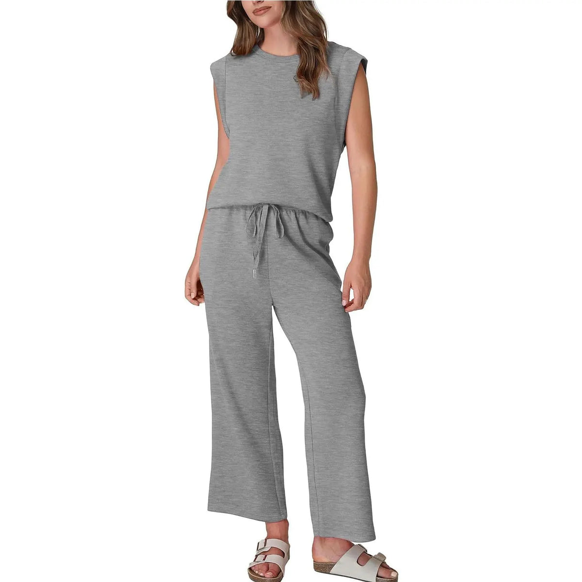 Women's Cap Sleeve Round Neck Lounge Set with Wide Leg Crop Pants