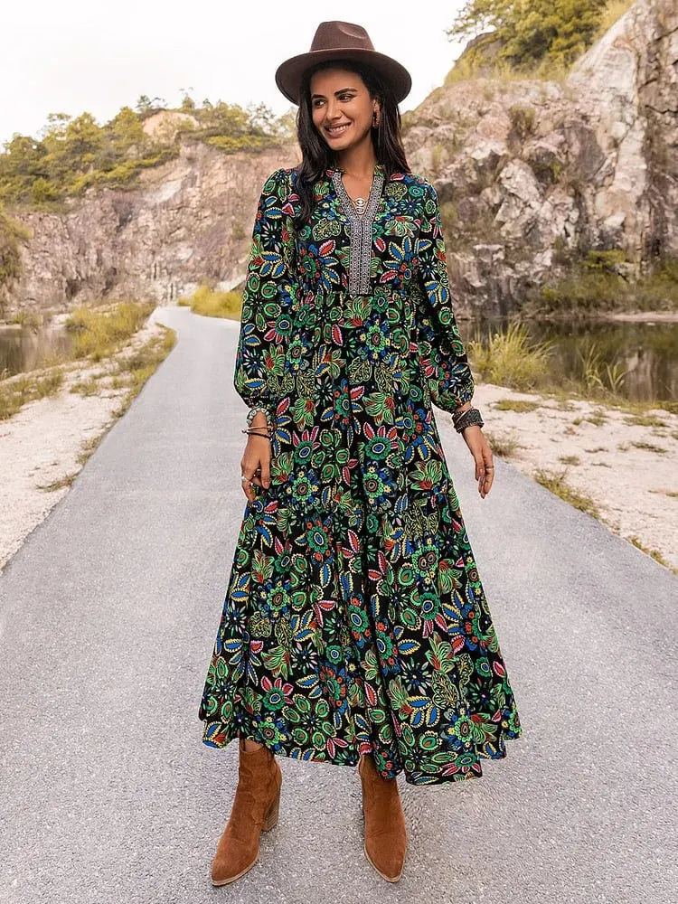 Floral Embroidered Notched Neck Maxi Dress