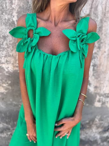 💕 Solid color dress for women with floral strap and U-neckline