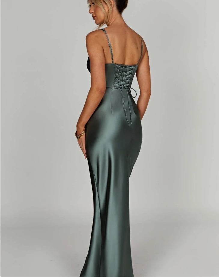 V-Neck Fishbone Satin Slip MAXI Dress