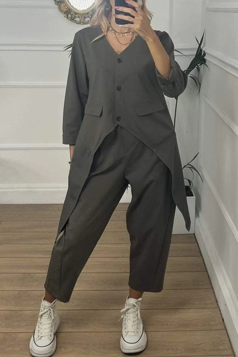 Casual V-neck Irregular Top & Pants Two-piece Set