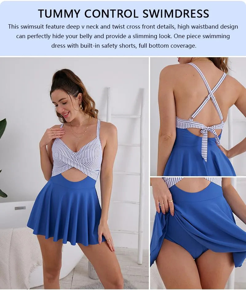 ⚡Hot Sales 57% OFF🔥👙Women’s V Neck One Piece Swimdress – Tummy Control Cutout High Waist Bathing Suit
