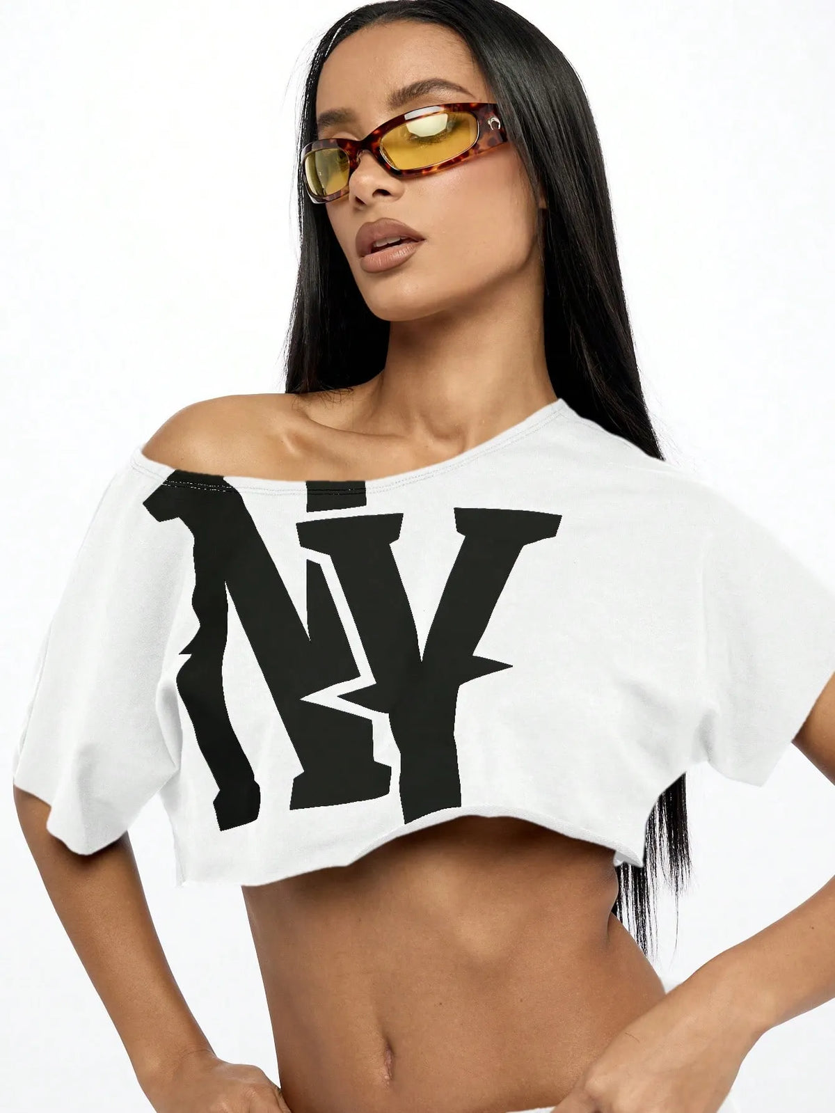WOMEN Off Shoulder NY Logo Slouchy Crop Tee Athletic Varsity Sports Fan Streetwear Workout Fashion Athleisure Cropped T-Shirt Summer Urban Style