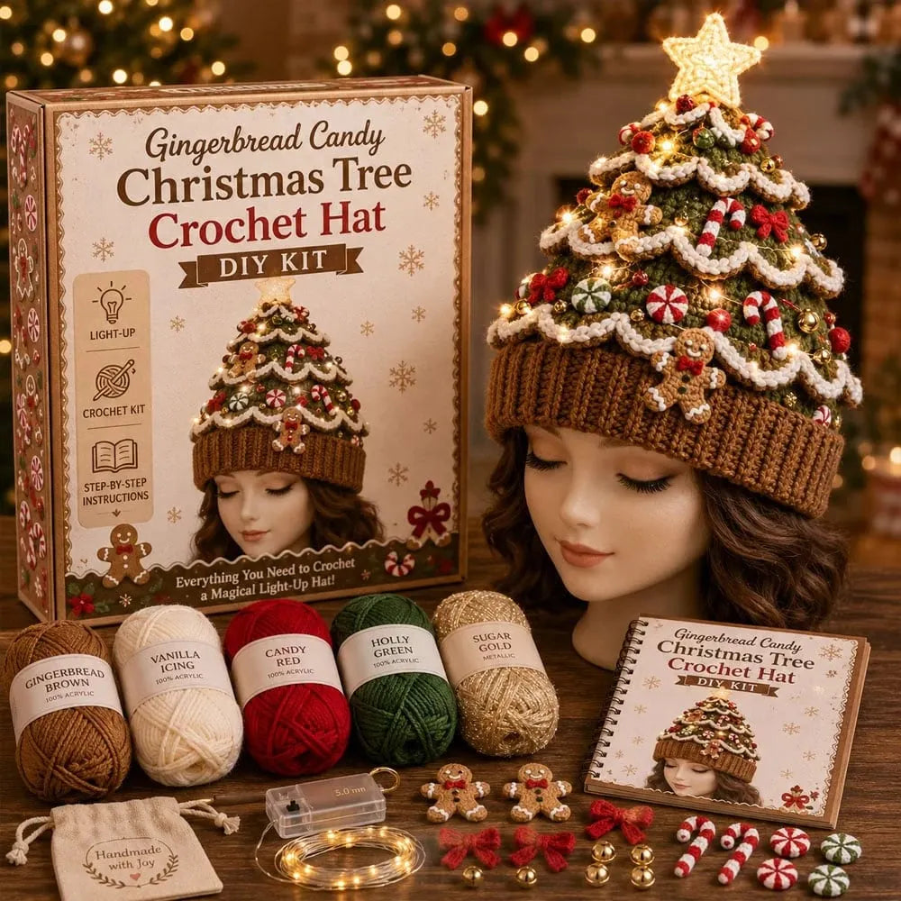 🎉🎄Beginner-Friendly Light-Up Christmas Tree Crochet Hat DIY Kit | Complete Kit with Coordinated Yarn, LED Lights & Step-by-Step Guide Included 💕