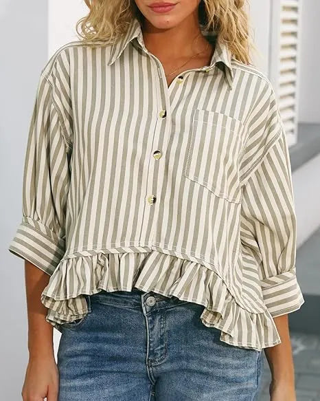 Summer Top🌞 Ruffled Hem 3/4 Sleeve Button-Down Striped Shirt