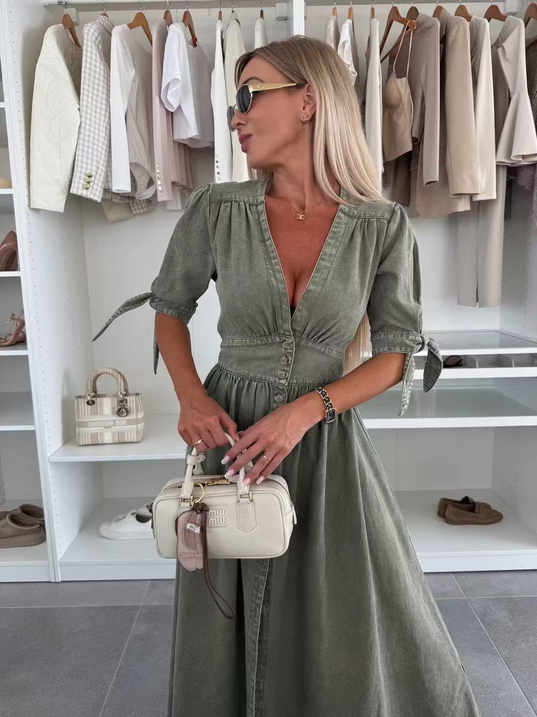 Women's V-Neck Button Down Denim Dress