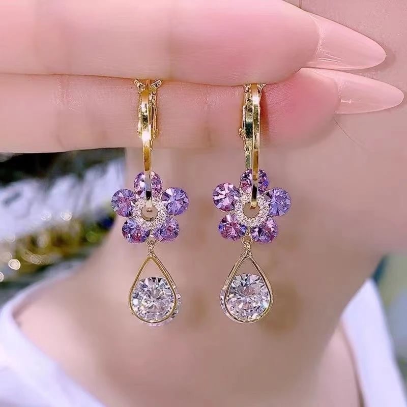 New Purple Crystal Flower Drop Earrings