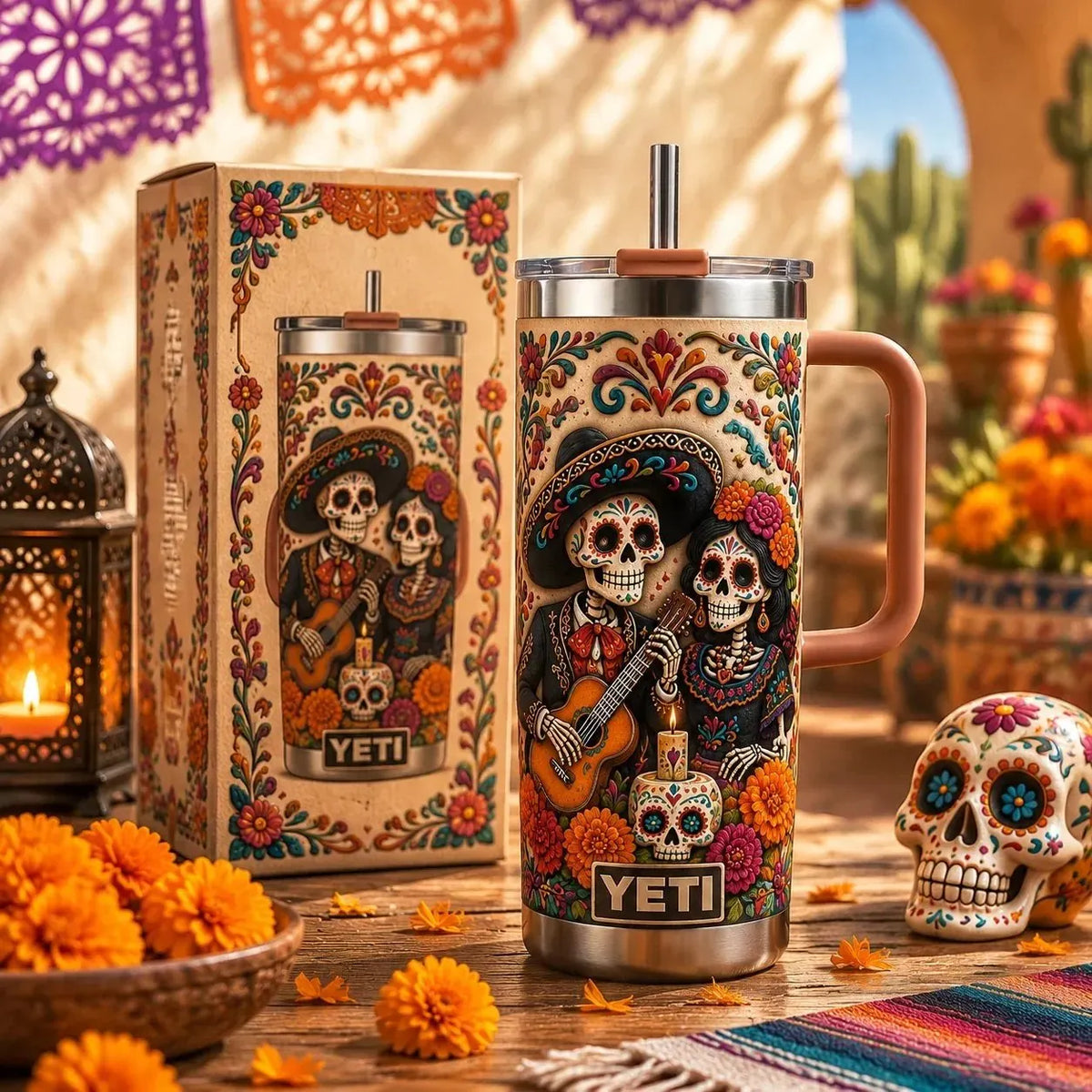 🔥HOT SALE🔥💀 🎸 Personalized Día de los Muertos Sugar Skull Couple 40oz Tumbler