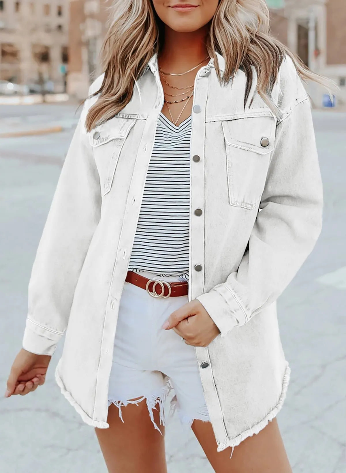 WOMEN'S CASUAL DENIM BUTTON DOWN DISTRESSED JACKET